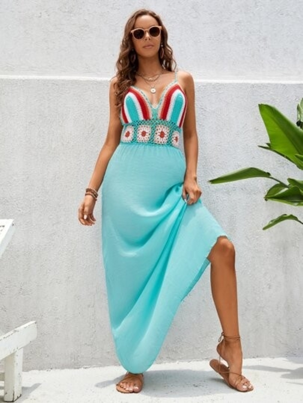 Turquoise Crochet Bodice Maxi Dress Sheer Cover Up Beach Vacation Summer